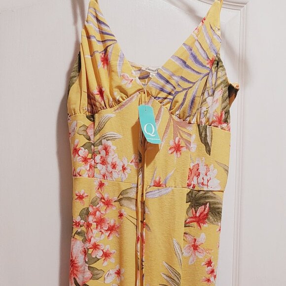New Camellia Bright Yellow Floral Spaghetti Straps below knee Dress with split - Picture 1 of 4